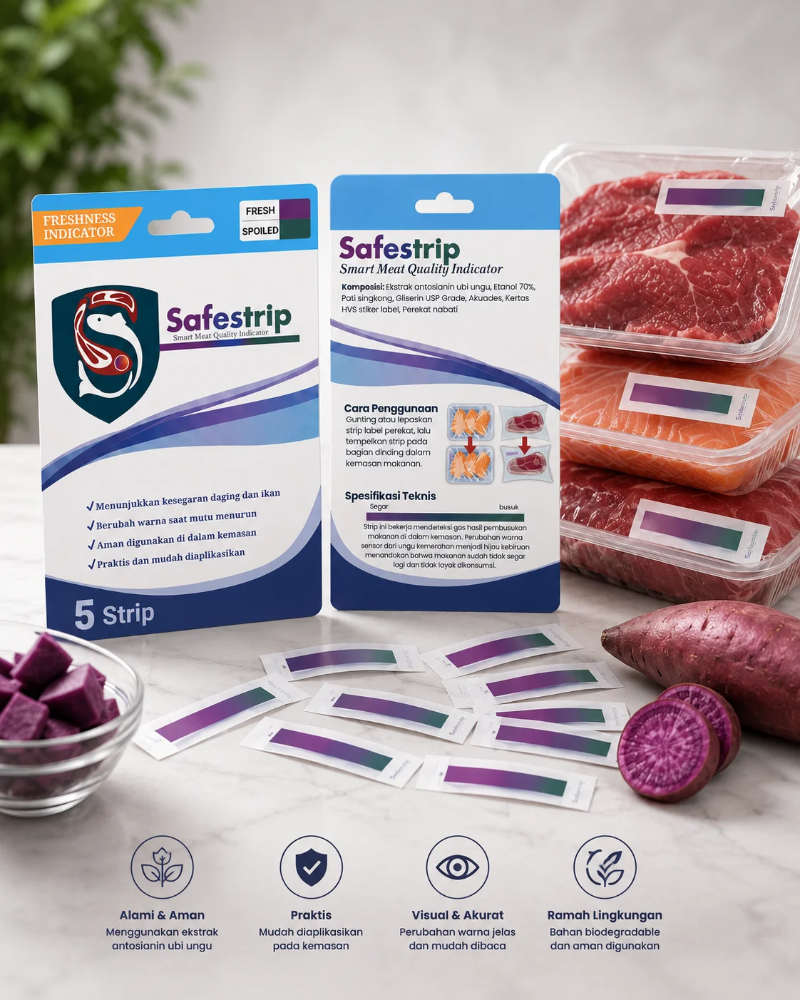 Mockup kemasan produk Safestrip — strip biosensor indikator kesegaran daging berbahan antosianin ubi ungu