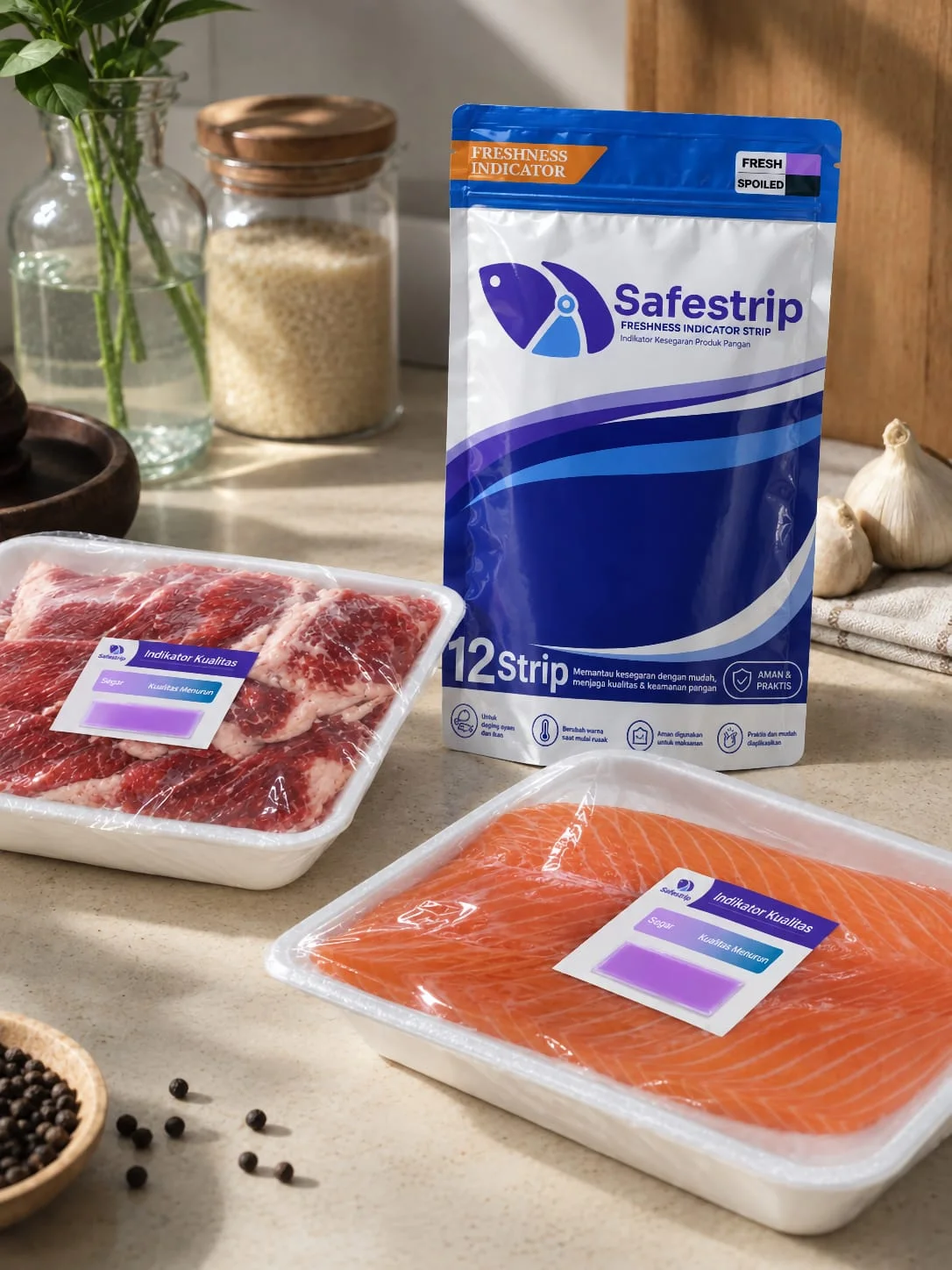 Mockup kemasan produk Safestrip — strip biosensor indikator kesegaran daging berbahan antosianin ubi ungu